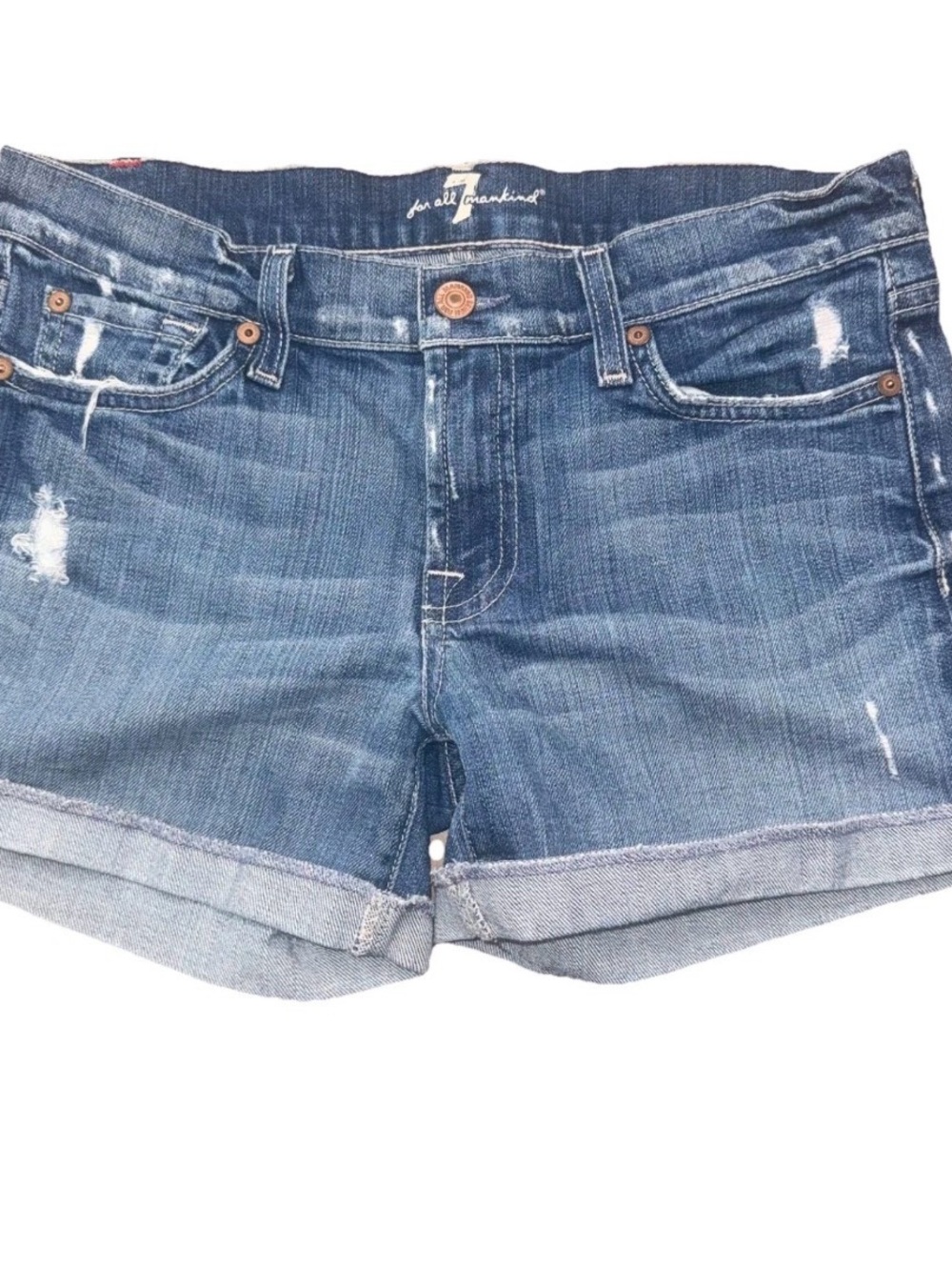 7 For All Mankind Cuffed Relaxed Low Rise Jean Shorts 27 *29 Distressed Denim
